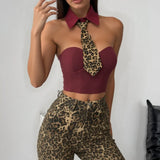 Phantasy Sexy Shirt Collar Leopard Print Necktie Tank Top Women Hotsweet Solid Color Crop Top Lady Fashion Night club Camisole