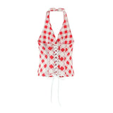 Spring And Summer New Style Sweet Red Plaid Unique Back Drawstring Top Halter Neck V-neck Sexy Slim-fit Tank Top Casual UH75