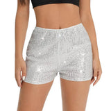 Women Shorts Shiny Sequin High Elastic Waist Straight Slim Fit Soft Breathable Above Knee Length Club Party Beach Mini Shorts