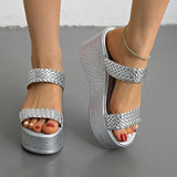 Silver Chunky Platform Slippers for Women 2026 Summer Thick Bottom Wedges Sandals Woman Plus Size 45 Woven Beach Sandles Female