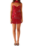 Women's Summer Sequined Flower Embroidery Beaded Bodycon Mini Dress Sleeveless Spaghetti Strap V Neck Night Out Dress with Scarf