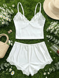 Women Sleepwear 2pcs Floral Contrast Lace Pajama Set V Neck Solid Color Bow Top & Shorts Suit Home Clothes Loungewear