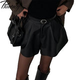 Phantasy Sexy Short Trousers Street Bottom High Waist Wide Leg Ruffles Cuff Pu Leather Shorts Fashionable Autumn Women Clothing