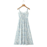 Bowknot Printed Women's Dresses Summer Casual Beach Strap Midi Dress Female Boho Light Blue Buttons Smocked Vestidos 2025