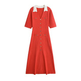 Foridol Red Knitted Polo Dress Autumn Winter Women Dress Casual Elegant Maxi A-line Hollow Out  Dress Slim Christmas Party