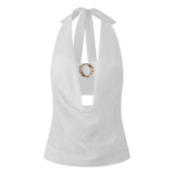 Summer Women Elegant 2 Piece Tops Mesh Sheer Halter Cowl Neck Sleeveless Vest with Buckle Tube Top Going Out Blouse Streetwear
