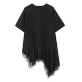 New Women's Lace Patchwork T-Shirt Top Women Lace Trim Hem T Shirt Crew Neck Short Sleeved Loose Fit Casual Solid Color Top MQ08