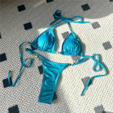 New PU Faux Leather Halter Mini Thong Bikini Female Swimsuit Women Swimwear Two-pieces Bikini Set Bather Bathing Suit Swim V5206