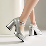 Women Silver Metallic Platform Mary Jane Shoes Double Rhinestone Buckle Chunky Block High Heels Y2K Vintage Square Toe Pumps