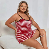 Plus Size Striped Women Pajama Set Sleeveless O Neck Top & Elastic Waist Shorts Heart Print 2 Pieces Female Sleepwear Nightwear
