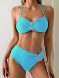 S - XL Metal Ring Halter Female Swimsuit High Waist Bikini Women Swimwear Two-Pieces Bikini Set Bather Bathing Suit Swim V6933