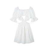 Foridol Lace Summer White Dress Women Puff Sleeve Embriodery Waist Cut Out Beach Short Sexy Cotton Dress Backless 2025 Sundress