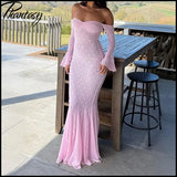 Elegant French Style Pink Long Dress Women Lace Long Sleeved Dress Evening Gown Party Wedding Dress up Lady Spring Summer Outfit