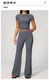 Creamy 2 Pieces Workout Suit Women Yoga Outfits Short Sleeve O Neck Slim Sports T Shirts High Waist Flare Pants Gym Fitness Sets