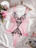 Pink Lace Embroidery Jumpsuit with Black Floral Lace Paneling High-Waist Triangle Pant Design Romantic French Sexy Underwear