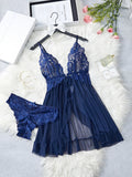 Transparent Blue Sexy Lingerie Women Underwear See Through Sleepwear Lace Nightdress And Panties Pijamas Set Adult Female Nighty