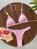 Wrinkled Crinkled Halter Beads Bikini Female Swimsuit Women Swimwear Two-pieces Bikini Set Brazilian Bather Bathing Suit Swim