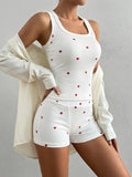 2 Piece Pajamas Set Heart Print Crop Tops and Shorts Loungewear Set Summer Sleepwear Women Home Clothes