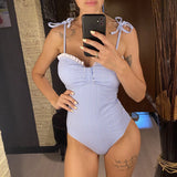 S - XL New Sexy Striped Frilled Strappy Women Swimwear One Piece Swimsuit Female Monokini Padded Bather Bathing Suit Swim V6949