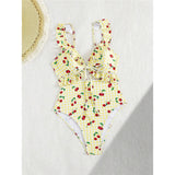 S - XL Cherry Printed Plaid Cut Out One Piece Swimsuit Women Swimwear Female Frilled High Leg Cut Bather Bathing Suit Swim V7557