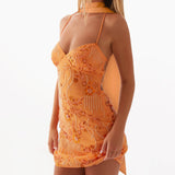 Women's Summer Sequined Flower Embroidery Beaded Bodycon Mini Dress Sleeveless Spaghetti Strap V Neck Night Out Dress with Scarf