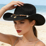 Women Men Straw Cowgirl Hat Starfish Shell Decor Western Panama Jazz Hat Summer Sun Hat for Travel Beach