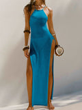 Sexy High Slit Crochet Knitted Tunic Beach Cover Up Long Dress Cover-ups Beach Dress Beach Wear Sarong Beachwear Female Women