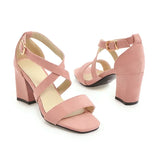 Big Size Casual Women Sandals Black Flock 7cm High Square Heels Peep Toe Summer Cross Buckle Strap Party Office Red Lady Sandals