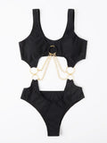 Cut-out Chain Linked One Piece Swimsuit Monokini Swimwear Women 2025 Bathers Padded Beachwear Bathing Swimming Suit Summer