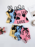 Love Print Pajama Set Women Summer Cami Top and Shorts Loungewear Sleepwear Cute Heart Letter Print Nightwear Home Clothes