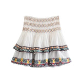 Batwing Sleeve Women Autumn Embriodery Paisley Print Skirt Set Outfits V Neck Button Tiered Mini Skirt Dress Suit Vintage Set