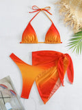 sexy tie dye print halter bikinis sets 3pcs with cover mesh skirt thong swimsuit bathing suit beach outfits biquini tankini