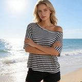 Womens Off Shoulder Striped Print T-Shirts Casual Loose Short Sleeve Summer Boat Neck Tops