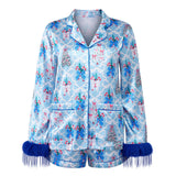 Women Satin 2025 Christmas Pajama Set Bow/Tree Print Long Sleeve Shirt with Shorts Two Pieces Sleepwear Loungewear