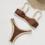 Sexy Coffee Patchwork Bikini Set 2026 Women Halter Push Up Bra Thong Swimsuit Brazilian Bathers Bathing Suit Micro Swimwear