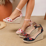 EUR Size 45 Leisure Espadrille Wedge Sandals Women Cherry Summer High Heels Shoes Beach Vacation Platform Ankle Strap Sandals