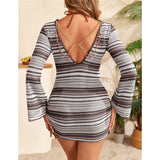 S - XL Striped Long Sleeve Cover Up Bikini Female Swimsuit Women Swimwear Bather Bathing Suit Swim Three-pieces Bikini set K8128