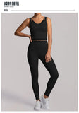 Fake Two Piece Tank Top Yoga Sets Women Lace V Neck Sports Vest Fitness Suit Hip Lifting High Waist Leggings Workout Clothes
