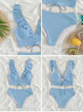 Solid Color Sexy V-neck Ruffle Bikini 2026 Women 2 Piece Swimwear Push Up Padded High Waist Swimsuit Summer Beach Bathing Suit