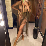 3 Colors Sexy Glitter Mesh Sheer See Through Tunic Beach Cover Up Cover-ups Beach Dress Beach Wear Beachwear Female Women V3217