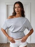 Women's Cinched Waist Blouse Tops Fashion Stylish Off Shoulder Short Sleeve Solid Color Shirts Summer Elegant Shirts Streetwear