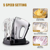 SUNATUR 300W Electric Hand Mixer - 5-Speed Egg Beater with Storage Base&Stainless Steel Attachments