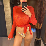 Sexy Long Sleeve See Through Top  Mesh Sheer Tunic Beach Cover Up Cover-ups Beach Dress Beach Wear Beachwear Female Women V3557