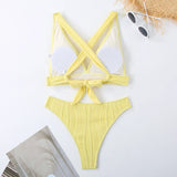 Wrinkled Crinkled Cross Back Bikini Women Swimwear Female Swimsuit Two-pieces Bikini Set High Cut Bathing Suit Swim Beach Wear