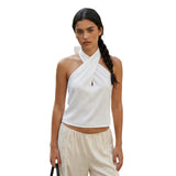 Women Fashion Sleeveless Halter Neck Tank Tops Summer Solid Color Backless Satin Casual Vests Streetwear