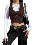 Women Vest Sleeveless V Neck Button Down Tank Tops Gilet with Pockets for Casual Street Gothic