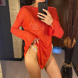 Sexy Long Sleeve See Through Top  Mesh Sheer Tunic Beach Cover Up Cover-ups Beach Dress Beach Wear Beachwear Female Women V3557