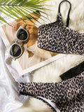 Sexy Wrinkled Bandeau Leopard Print Bikinis Sets Two Pieces Thong Swimsuits Beachwear Bathing Suit Swimwear Biquini