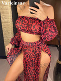 2026 Leopard Off Shoulder Long Sleeve 2 Pieces Set Beach Cover Up Cover-ups Beach Dress Beach Wear Beachwear Female Women V3728