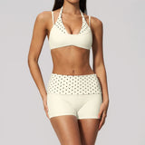 Breathable Striped Patchwork Yoga Clothing Women Fake Two-piece Sports Bra Folding High Waist Shorts Gym Running Fitness Suit